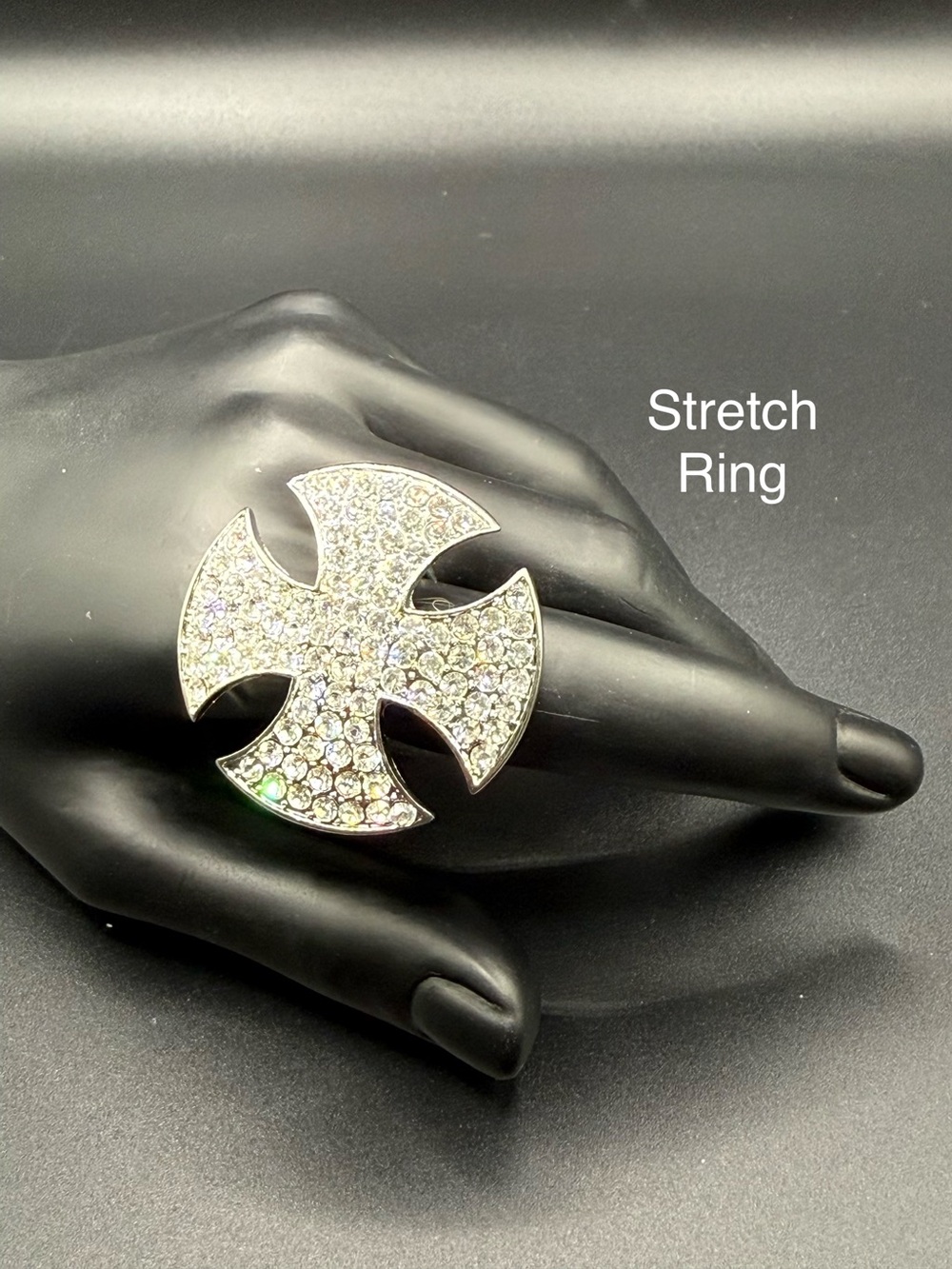 Crystal Cross Stretch Ring - Silver Tone